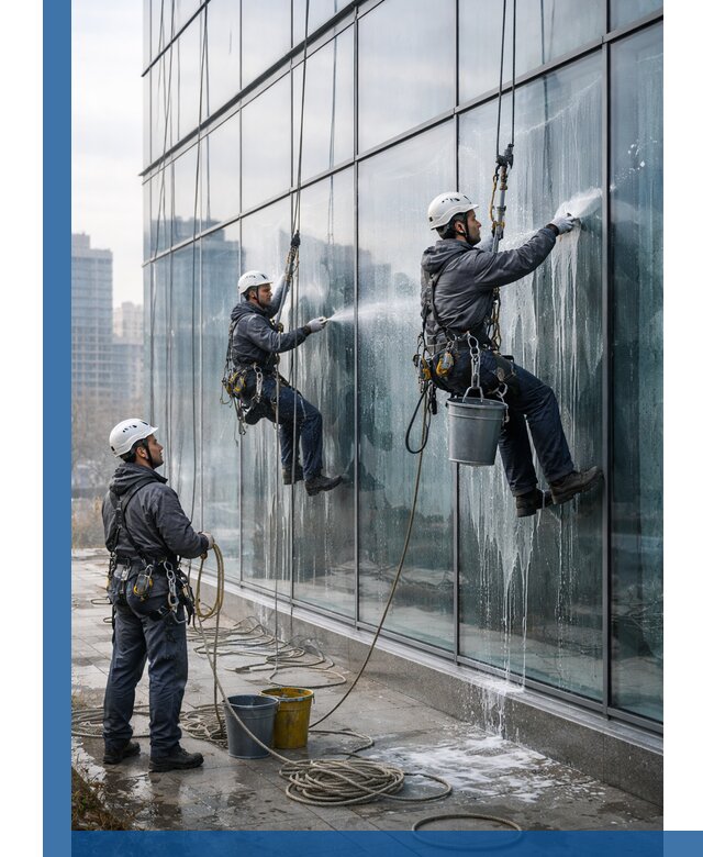 Промышленная мойка панорамных окон на высоте в Североморске