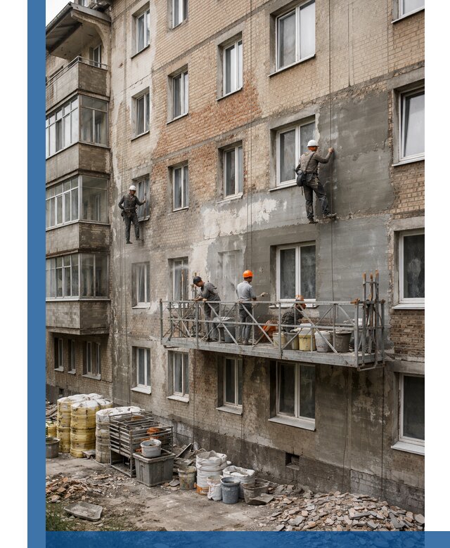 Капитальный ремонт фасада в Североморске с восстановлением и гидроизоляцией