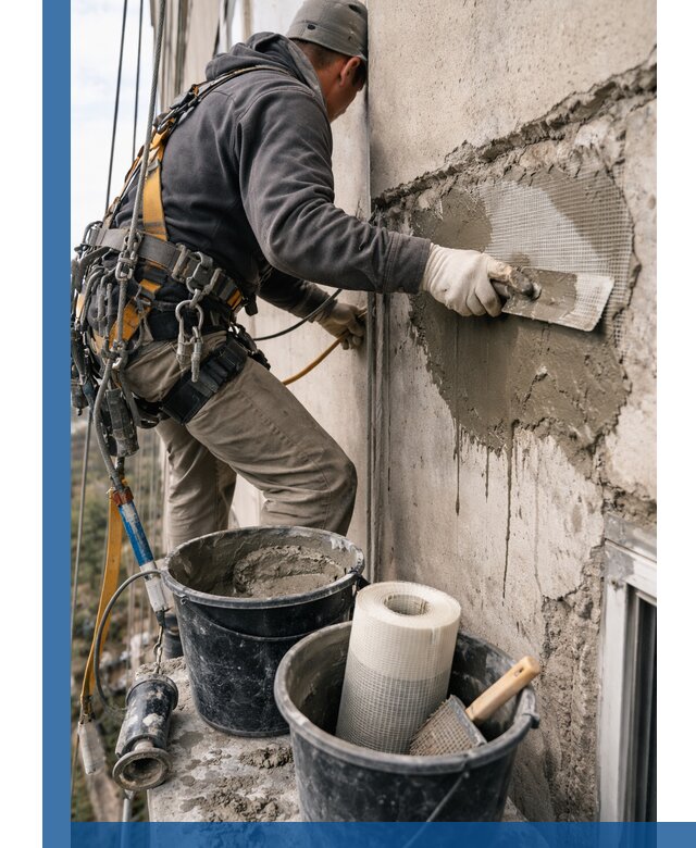 Ремонт бетонных элементов фасада промышленными альпинистами в Североморске