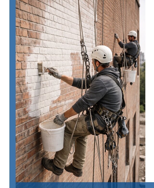 Покраска кирпичного фасада с доступным альпинистским сервисом в Североморске