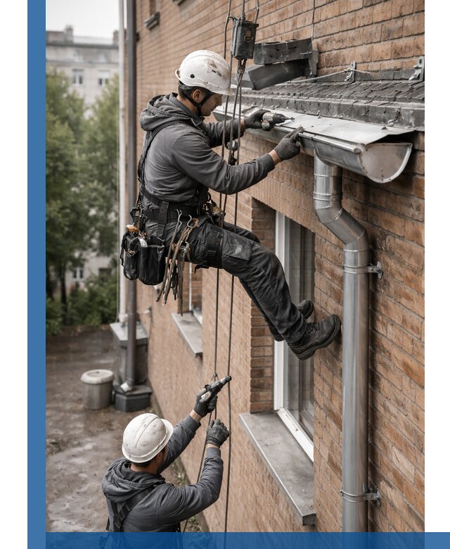 Монтаж водосточной системы на здании в Североморске под ключ