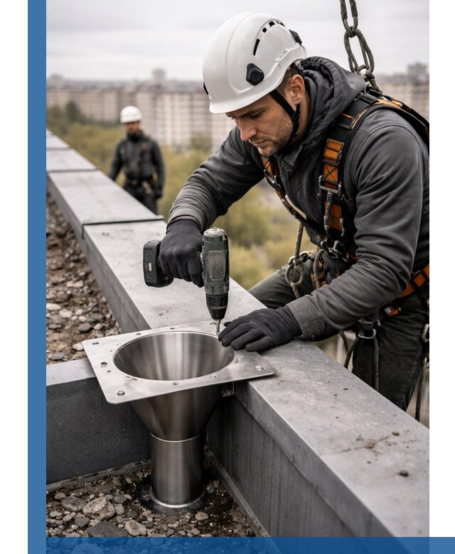 Монтаж водосточных воронок в Североморске для промышленных зданий