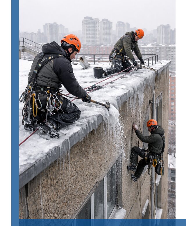 Удаление наледи с кровли в Североморске промышленными альпинистами