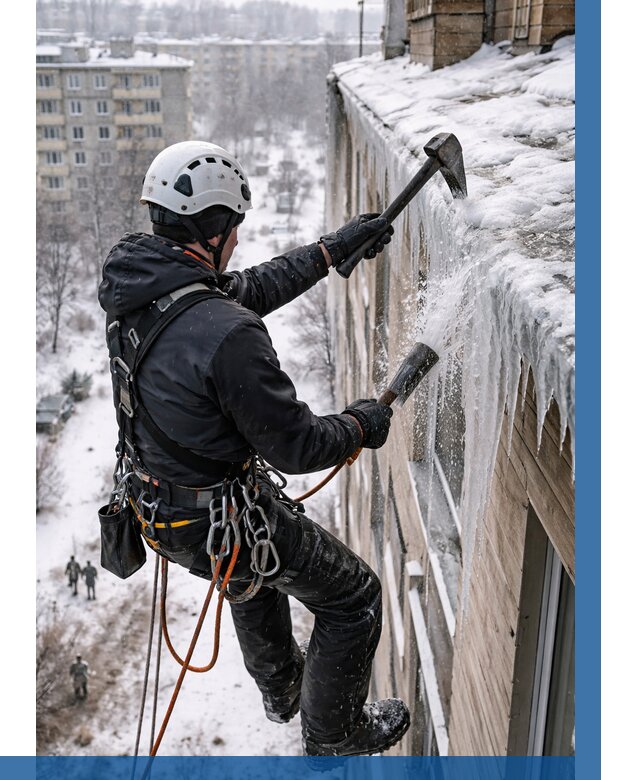 Сбивание сосулек с крыши в Североморске по цене от 4814 р. | ВЫСОТНИК-Свм