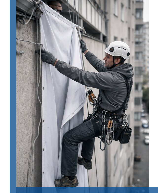 Замена баннерного полотна промышленными альпинистами в Североморске