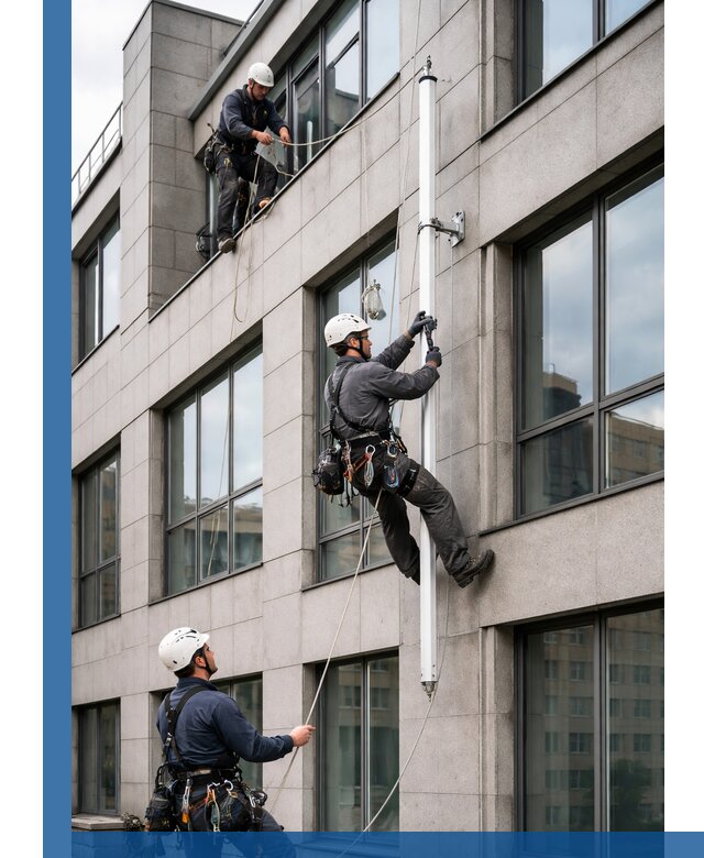 Монтаж флагштока на фасаде здания с креплением и герметикой в Североморске