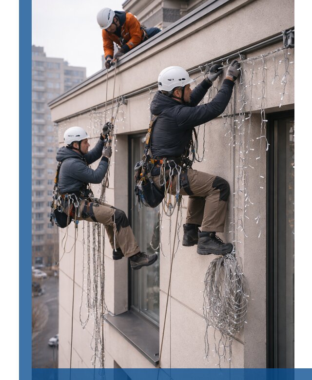 Монтаж праздничных гирлянд на фасаде в Североморске для зданий