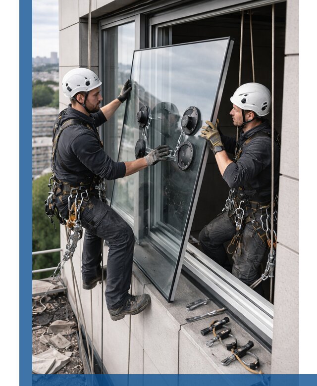 Замена стеклопакетов на высоте с промышленными альпинистами в Североморске