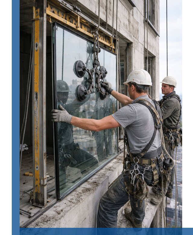 Монтаж стеклопакетов на высоте в Североморске с промышленным альпинизмом