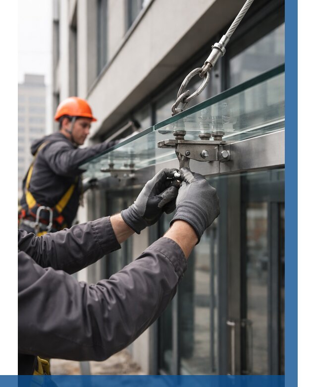 Монтаж стеклянных козырьков в Североморске от 9092 р. | ВЫСОТНИК-Свм