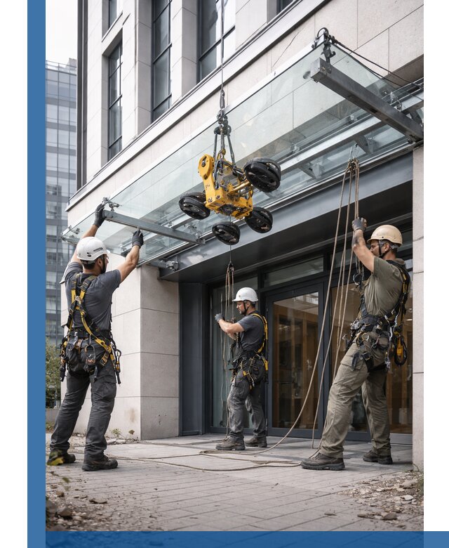 Монтаж стеклянных козырьков под ключ в Североморске для зданий