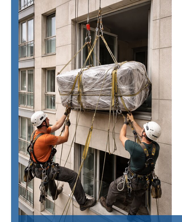 Подъем грузов через окно в Североморске промышленными альпинистами