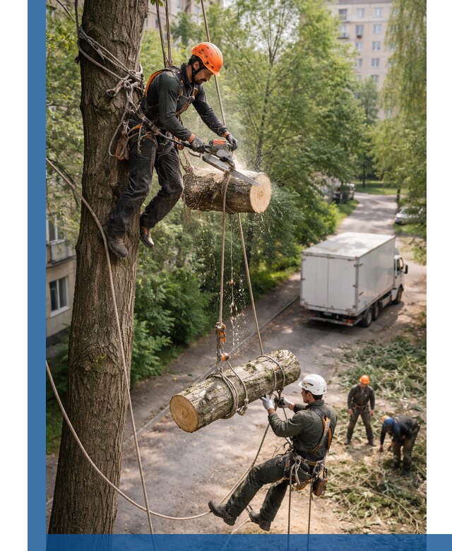 Спил деревьев альпинистами в Североморске, безопасно и без повреждений