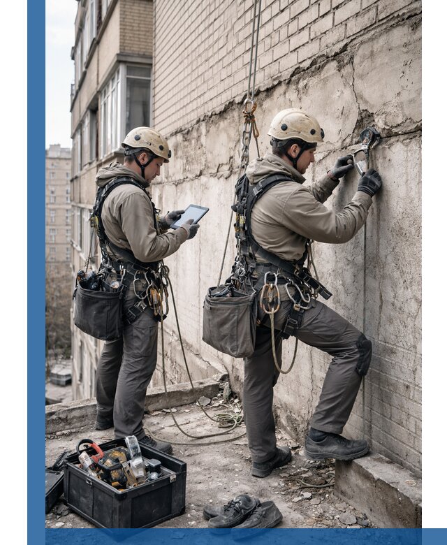 Обследование фасада промышленными альпинистами в Североморске